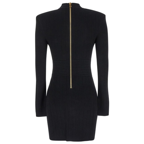 Structured Black Knit Dress | Ribbed, Button Detail | Sophisticated Everyday - Picture 9 of 11